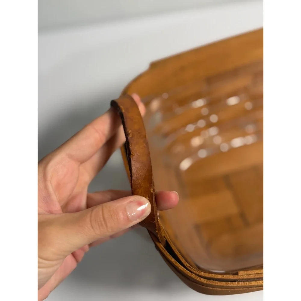 VTG Longaberger Basket Rectangle Brown Woven Leather Handles Plastic Liner 1991